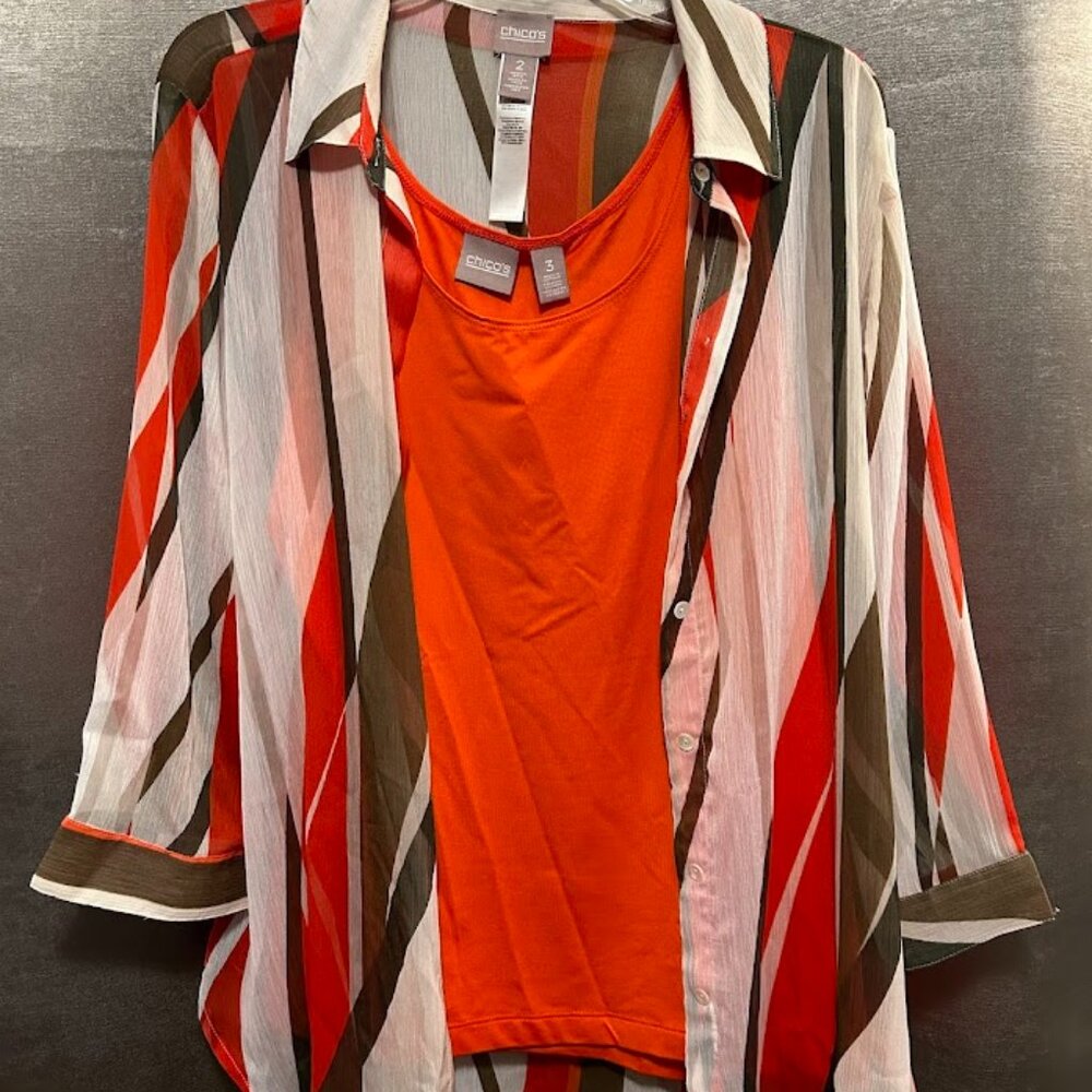 Chicos Orange Design 3/4 Sleeve Blouse w Tank top - 2piece -